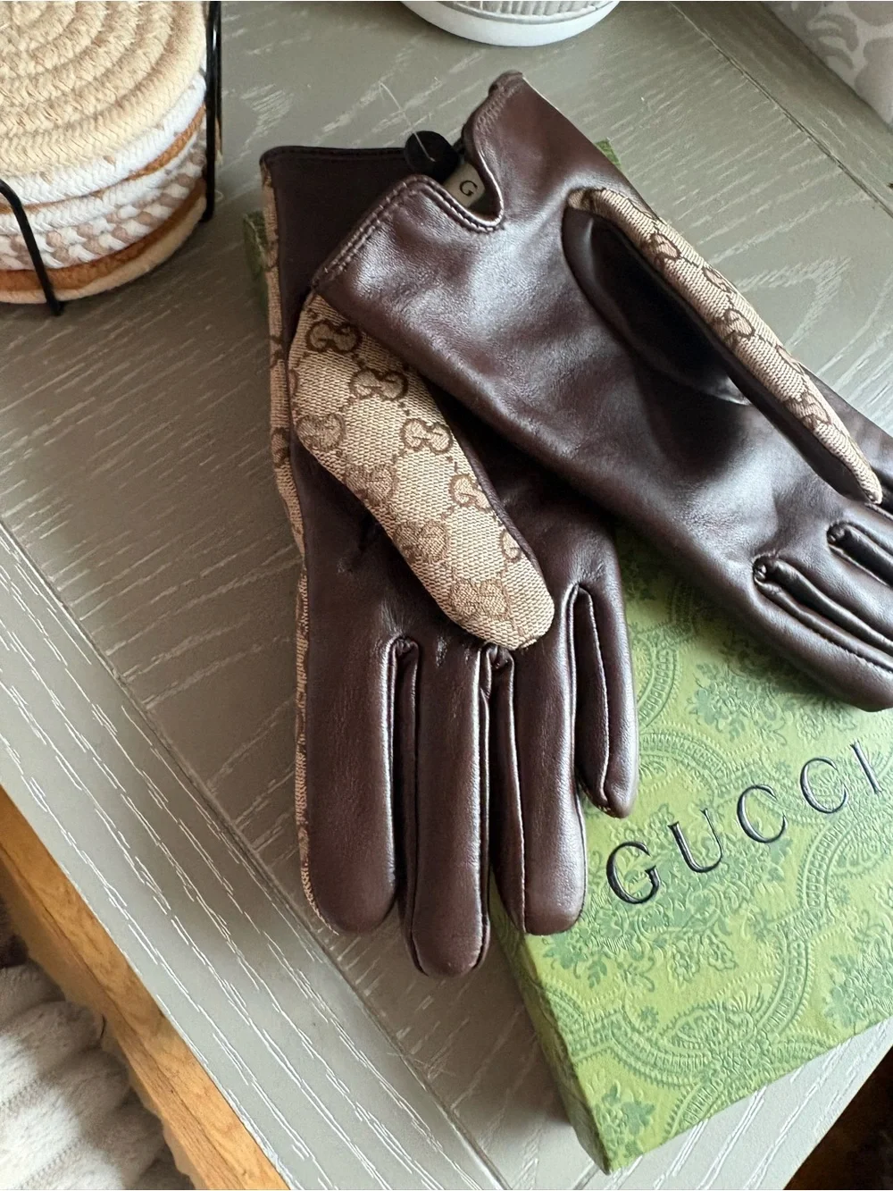 FASHION Monogram Beige Brown Leather like Trim Gloves